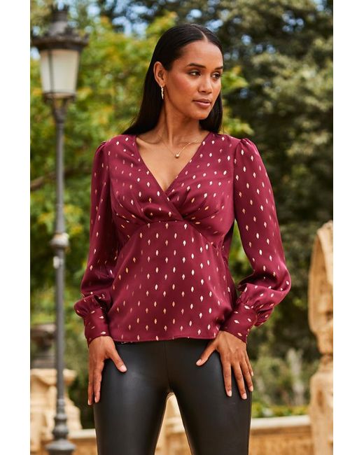 Sosandar Green Burgundy & Metallic Spot Print Satin Top