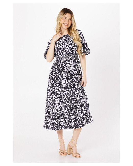 Dorothy Perkins Purple Spot Double Frill Sleeve Shirred Waist Midi Dress