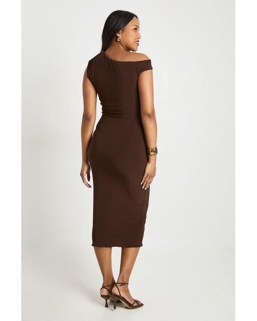 Boohoo Brown Maternity Double Slinky Bardot Ruched Midi Dress