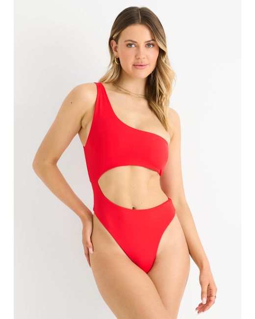 Gini London Red One Shoulder Cutout Swims