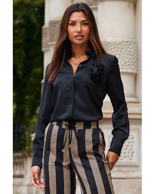 Sosandar Black Luxe Satin Corsage Detail Shirt