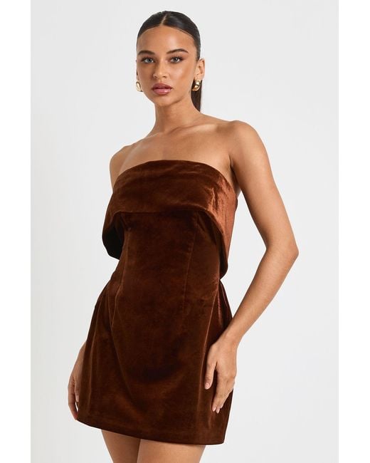 Boohoo Brown Velvet Bardot Crepe Dress
