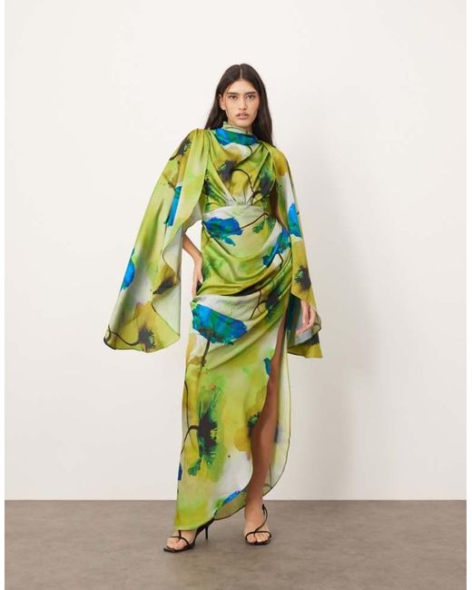 ARRANGE White Satin Extreme Sleeve Maxi Dress With Ruching