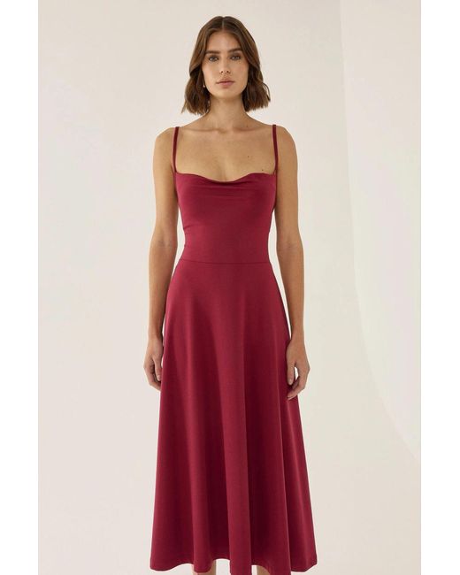 Hiccup Red A-Line Sleeveless Midi Dress With Cowl Neck