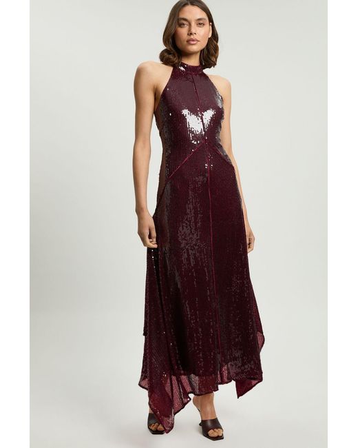 Karen Millen Red Petite Sequin Halter Neck Hanky Hem Maxi Dress