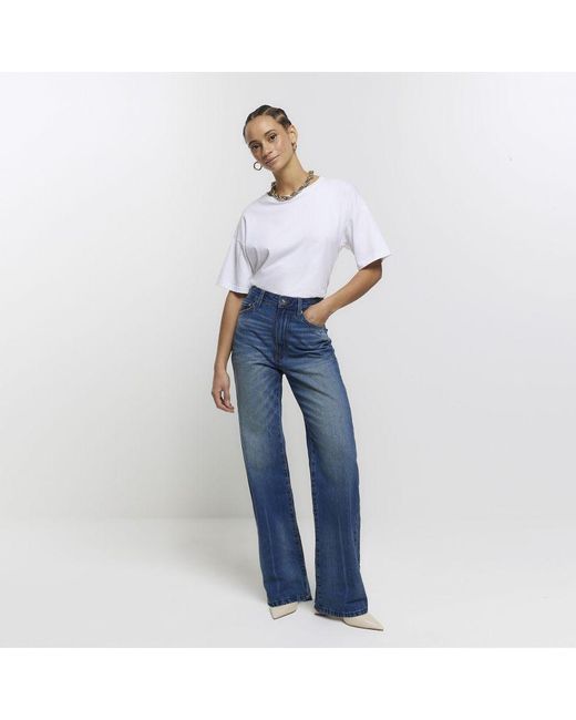 River Island Straight Jeans Blue High Waisted Relaxed Fade Cotton