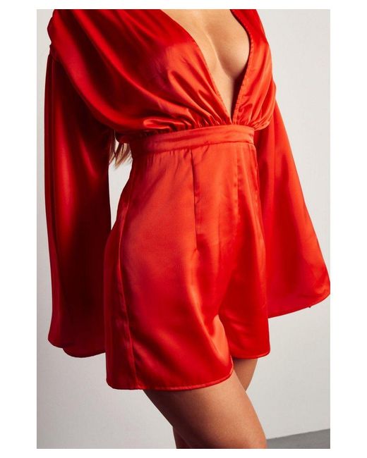 MissPap Red Ruched Shoulder Tie Back Satin Playsuit