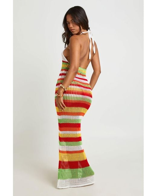 Boohoo Red Beach Crochet Stripe Knitted Maxi Dress
