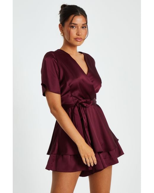 Quiz Dark Satin Wrap Tiered Playsuit