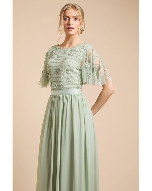 Oasis Natural Floral Embellished Mesh Angel Sleeve Maxi Dress