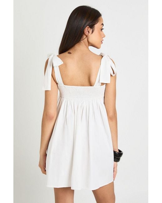 Boohoo White Tie Shoulder Mini Smock Dress