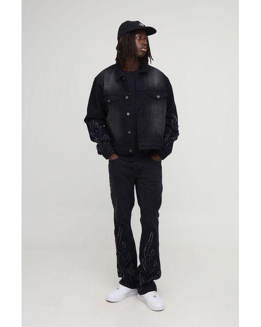 BoohooMAN Black Flame Applique Regular Fit Jean Jacket for men