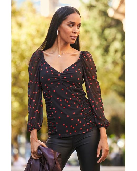 Sosandar Black Spot Print Sweetheart Neckline Mesh Top
