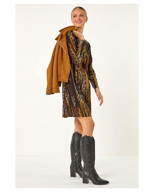 Roman Brown Animal Print Shift Midi Dress