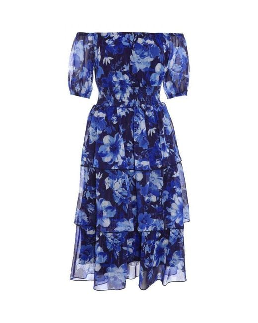 Quiz Blue Petite Chiffon Bardot Midi Dress