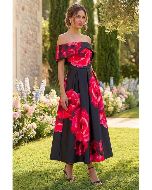 Roman Red Floral Print Premium Stretch Midi Dress