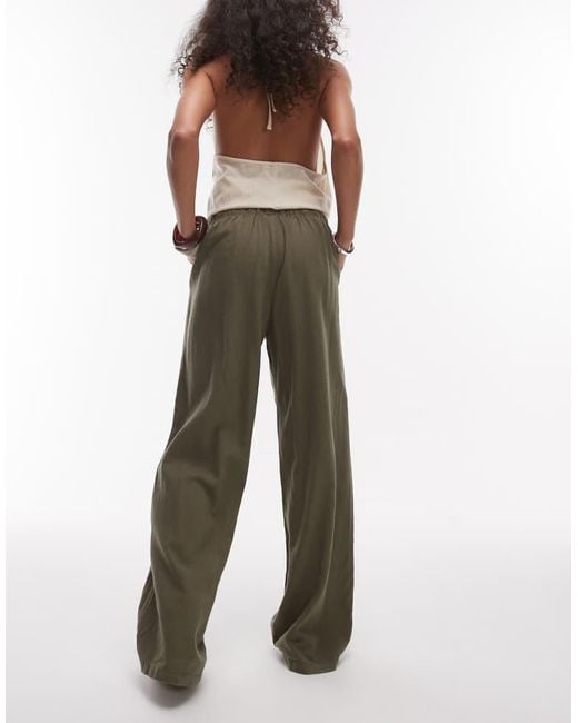 TOPSHOP Green Linen Straight Leg Trouser