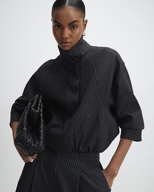 River Island Black Bomber Jacket Pinstripe Funnel Neck