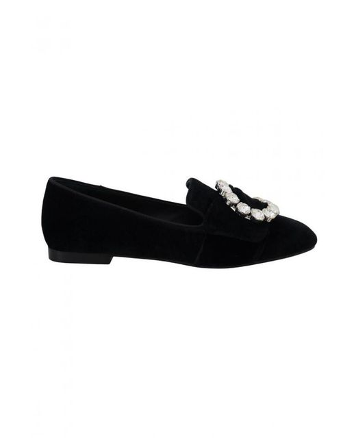 Dolce & Gabbana Black Velvet Crystals Loafers Flats Shoes Cotton