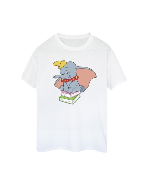 Disney White Ladies Dumbo Sitting On Books Cotton Boyfriend T-Shirt