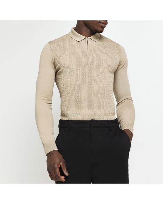 River Island Natural Polo Shirt Muscle Fit Cable Knit for men