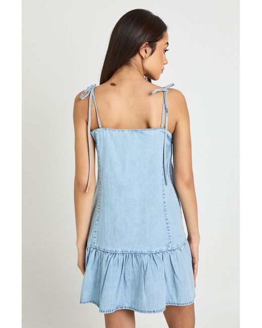 Boohoo Blue Strappy Dropped Hem Denim Mini Dress