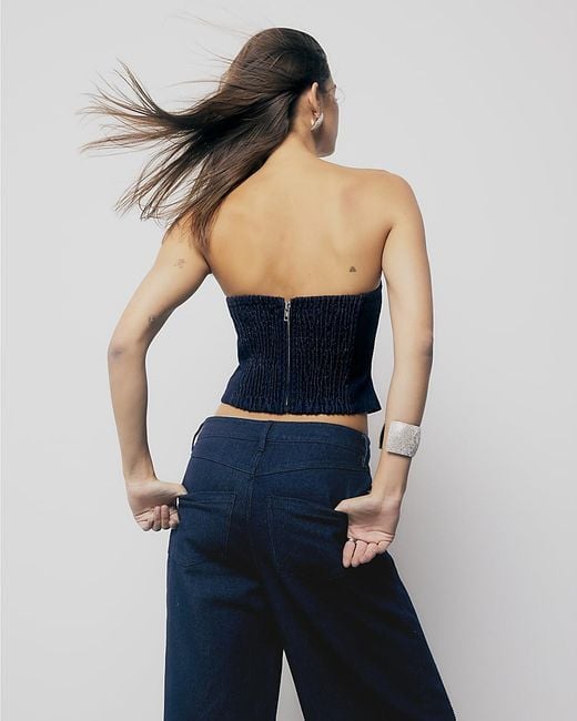 River Island Blue Bandeau Top Denim Diamante Embellished Cotton