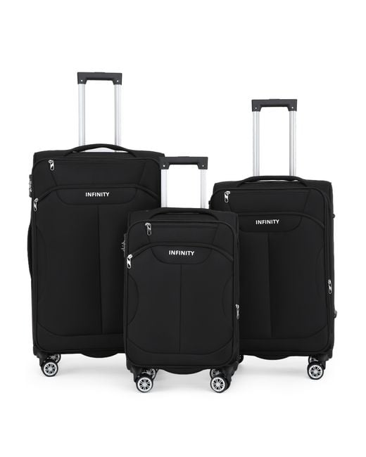 Infinity Leather Black Soft Shell Suitcase 8 Wheel Luggage Travel Tsa Light Carry On Cabin Bag