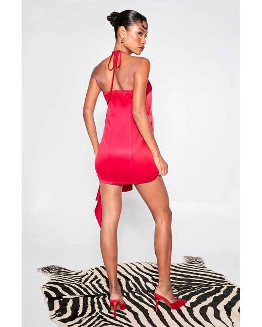 Boohoo Red Satin Wrap Front Ruffle Detail Mini Dress
