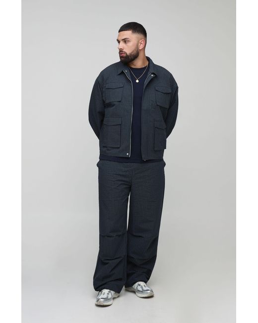 BoohooMAN Blue Plus Oversized Check Ripstop Cargo Shacket for men