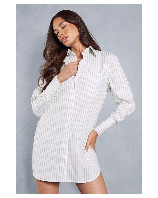 MissPap White Pinstripe Long Sleeve Shirt Dress