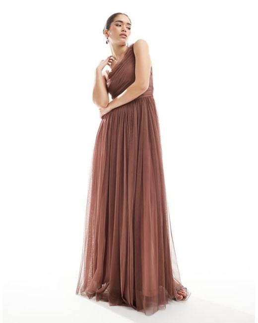 LACE & BEADS Brown Bridesmaid One Shoulder Tulle Maxi Dress