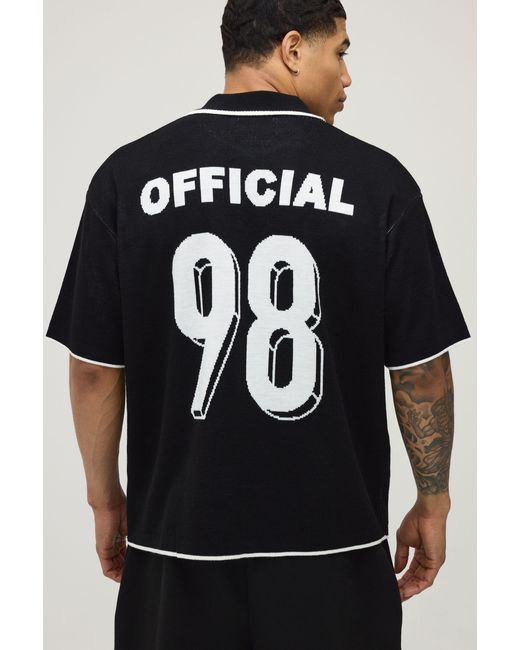 BoohooMAN Black Oversized Boxy Moto Graphic Knitted Polo for men