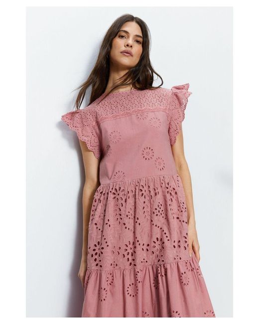 Warehouse Broderie Mix Tiered Midi Dress