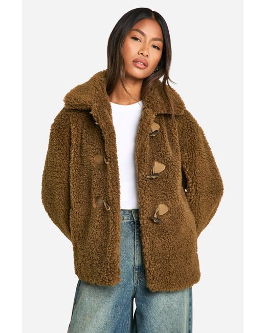 Boohoo Brown Toggle Detail Teddy Fur Coat
