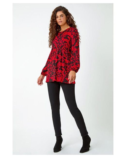 Roman Red Floral Pocket Detail Tunic Stretch Top
