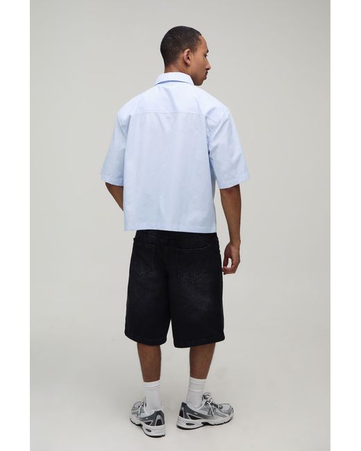 BoohooMAN Blue Oversized Boxy Half Sleeve Print Stripe Shirt for men