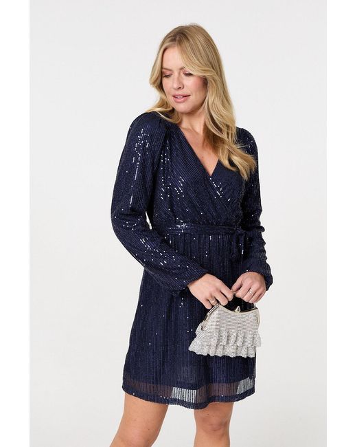 Izabel London Blue Sparkly Sequin Long Sleeve Mini Wrap Dress