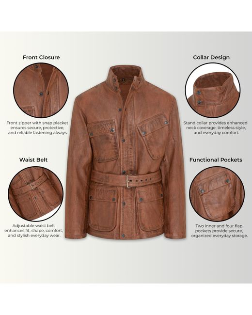 Infinity Leather Brown Lamb Safari Parka Jacket for men