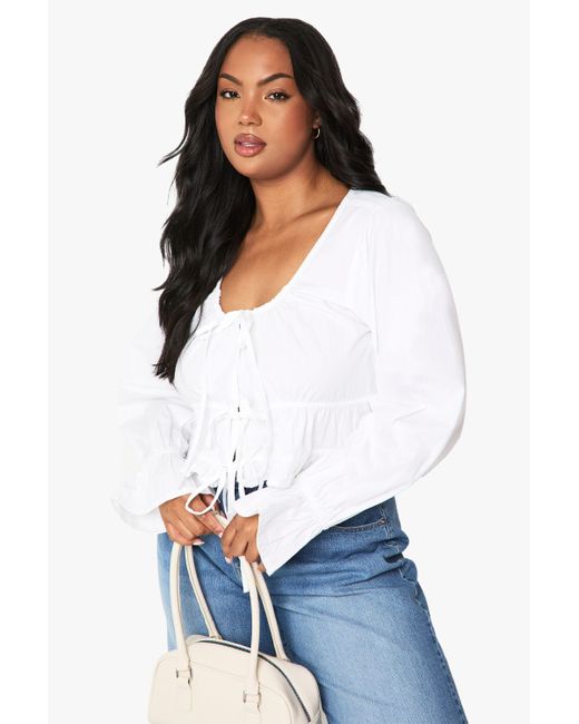 Boohoo White Plus Cotton Poplin Tie Detail Top