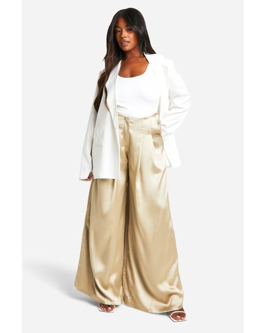 Boohoo Natural Plus Satin Pleat Detail Tailored Wide Leg Trouser
