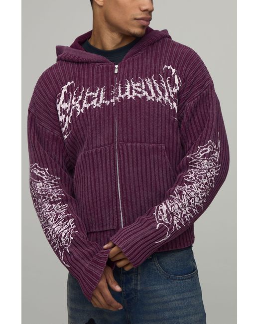 BoohooMAN Purple Boxy Acid Wash Gothic Ribbed Hoodie for men
