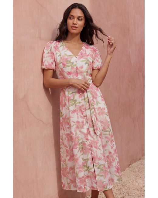 Roman Pink Floral Print Puff Sleeve Midi Dress