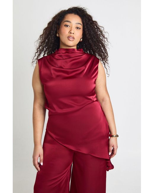 Boohoo Red Plus Satin High Cowl Asym Hem Top