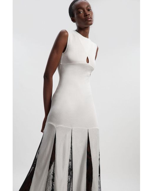 viscose blend slinky sheer lace detail asymmetric knit midaxi dress Raleigh Asymmetrical Slinky Midi Dress - Pale Blue