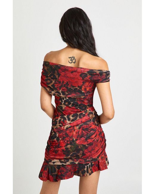 Boohoo Red Tall Floral Asymmetric Ruched Mini Dress