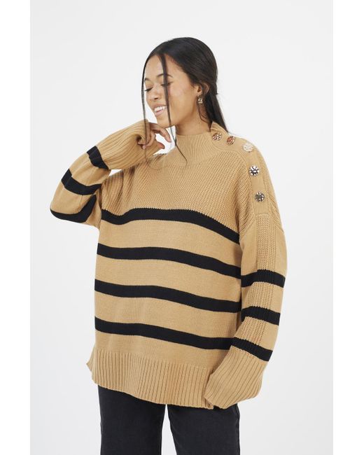 Brave Soul Natural Striped Turtleneck Jumper With Button Detail