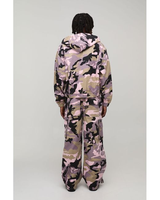 BoohooMAN Pink Oversized Crop Camo Twill Hooded Overshirt for men