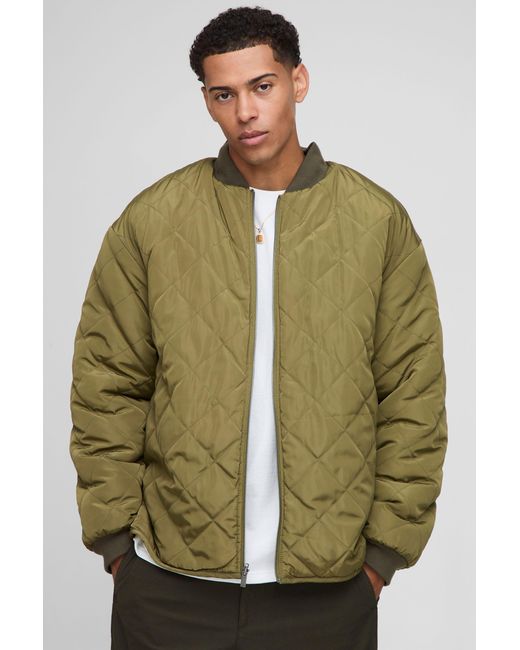 BoohooMAN Green Oversized Fit Nylon Panel Borg Reversible Quilted Bomber Jacket for men