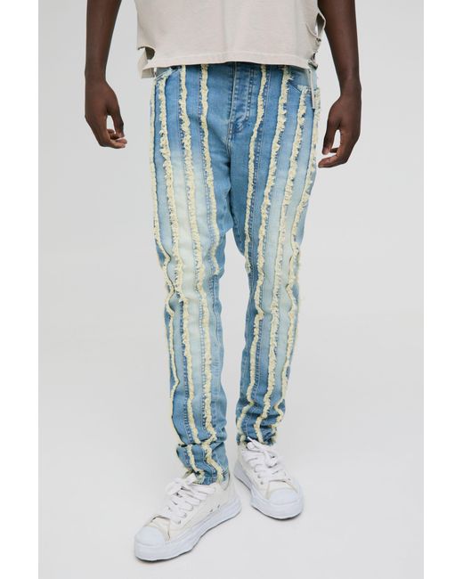 BoohooMAN Blue Skinny Stacked Washed Distressed Jeans for men